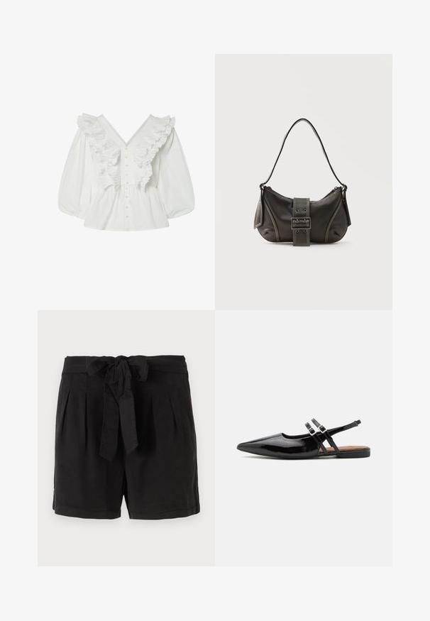 Witte blouse met een diepe V-hals, pofmouwen en geribbelde voorkant. Gemaakt van katoen met knoopsluiting en gestructureerde accenten.; Zwarte katoenen shorts met een strikgordel in de taille, plooien aan de voorkant en zijzakken. Gladde textuur en casual ontwerp.; Zwarte gepatineerde leren slingback schoenen hebben een spitse neus, twee banden met gespsieraden en een platte zool.; Zwarte leren schoudertas met gespsluiting aan de riem, afgeronde hoeken en contrasterende witte stiksels op een effen achtergrond.