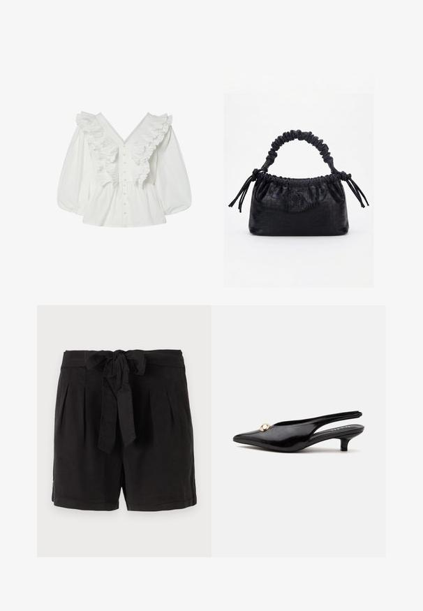 Weiße Bluse mit tiefem V-Ausschnitt, Puffärmeln und Rüschendetails auf der Vorderseite. Aus Baumwolle mit Knopfverschluss und strukturierten Akzenten.; Schwarze Baumwollshorts mit einem Bindegürtel in der Taille, Falten an der Vorderseite und Seitentaschen. Glatte Textur und lässiges Design.; Schwarzer Slingback aus Lackleder mit kleinem Absatz, spitzer Zehenpartie und kleinem goldrundem Schmuck oben.; Schwarze Handtasche mit Krokodilstruktur, gerafftem oberen Rand, zusammengezogenem Griff und Zugkordeln mit Quasten an jeder Seite vor weißem Hintergrund.