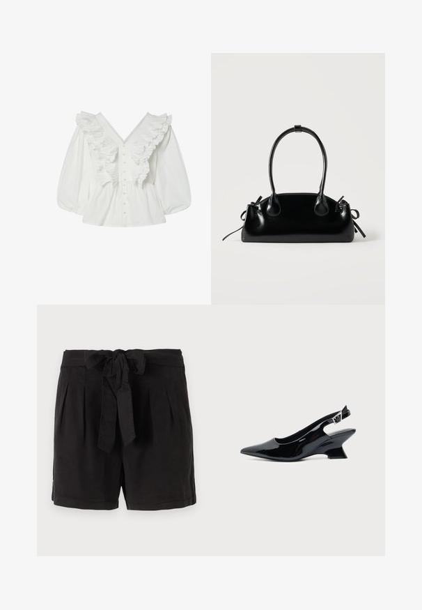 Witte blouse met een diepe V-hals, pofmouwen en geribbelde voorkant. Gemaakt van katoen met knoopsluiting en gestructureerde accenten.; Zwarte katoenen shorts met een strikgordel in de taille, plooien aan de voorkant en zijzakken. Gladde textuur en casual ontwerp.; Zwarte lakleren slingback schoen met spitse neus en lage schuine blokhak op een effen lichte achtergrond.; Kleine zwarte glanzende handtas met twee lange hengsels en zijkant trekkoord details op een effen lichte achtergrond.