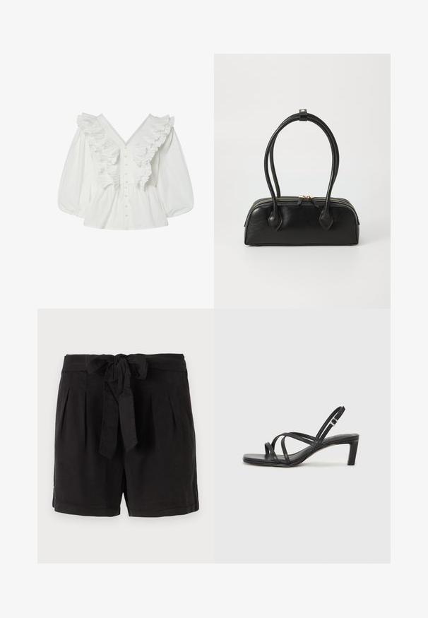 Witte blouse met een diepe V-hals, pofmouwen en geribbelde voorkant. Gemaakt van katoen met knoopsluiting en gestructureerde accenten.; Zwarte katoenen shorts met een strikgordel in de taille, plooien aan de voorkant en zijzakken. Gladde textuur en casual ontwerp.; Zwarte sandaal met bandjes, vierkante teen en een lage blokhak. Voorzien van meerdere dunne bandjes en een verstelbare enkelband. Gemaakt van zacht leer.; Zwarte leren handtas met twee verlengde handvatten, ritsluiting en ronde vorm; gladde textuur met subtiele glanzende afwerking.