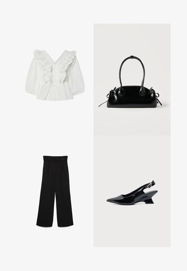 Chemisier blanc avec un décolleté en V profond, des manches bouffantes et des détails volantés à l'avant. Fabriqué en coton avec une fermeture à boutons et des accents texturés.; Pantalon noir à jambes larges avec une taille haute, doté de deux boutons à l'avant et d'une texture lisse. Coupe droite avec des plis à l'avant.; Chaussure slingback en cuir verni noir avec bout pointu et petit talon bloc incliné sur fond clair uni.; Petit sac à main noir brillant avec deux longues anses et des détails à cordon sur les côtés sur un fond clair uni.