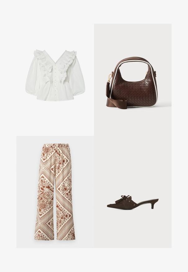 Chemisier blanc avec un décolleté en V profond, des manches bouffantes et des détails volantés à l'avant. Fabriqué en coton avec une fermeture à boutons et des accents texturés.; Pantalons à jambes larges en tissu crème avec un motif floral brun et des designs géométriques, taille élastiquée et texture lisse.; Mule en daim marron avec bout pointu, petit talon kitten, lacets noués en nœud et détails à pompons sur fond blanc.; Sac à main en cuir tressé marron avec passepoil blanc, fermeture éclair dorée et bandoulière amovible en tissu marron.