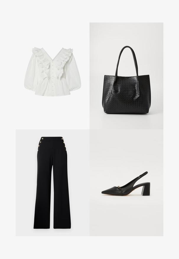 Blusa blanca con un escote en V profundo, mangas abullonadas y detalles de volantes en la parte delantera. Hecha de algodón, con cierre de botones y acentos texturizados.; Pantalones de pierna ancha de talle alto en negro con botones dorados en la parte delantera y bolsillos en ambas caderas sobre un fondo blanco.; Zapato de tacón slingback de cuero negro con punta afilada, pequeña correa frontal y tacón cuadrado. Textura suave con detalle de acento dorado.; Bolso tote de cuero trenzado negro con dos asas, forma estructurada y un sutil acabado brillante sobre un fondo claro.