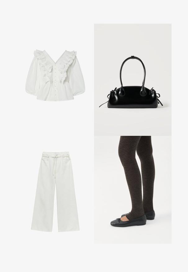 Witte blouse met een diepe V-hals, pofmouwen en geribbelde voorkant. Gemaakt van katoen met knoopsluiting en gestructureerde accenten.; Hoge taille wijduitlopende witte broek met riemlussen, knoop aan de voorkant, koordsluiting en zijzakken.; Benen met donkere geribbelde leggings gecombineerd met zwarte ballerina's met kleine strikdetails op een witte achtergrond.; Kleine zwarte glanzende handtas met twee lange hengsels en zijkant trekkoord details op een effen lichte achtergrond.