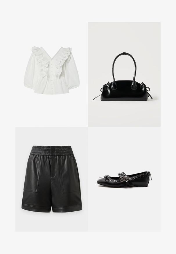 Blusa blanca con un escote en V profundo, mangas abullonadas y detalles de volantes en la parte delantera. Hecha de algodón, con cierre de botones y acentos texturizados.; Pantalones cortos de imitación cuero negro con cinturilla elástica, botón a presión en la parte delantera, grandes bolsillos de parche en la parte delantera y dobladillo recto.; Zapato de ballet plano negro con correas de doble hebilla, ojales plateados y un pequeño lazo cerca de la puntera redondeada sobre un fondo blanco.; Pequeño bolso negro brillante con dos asas largas y detalles de cordón lateral sobre un fondo claro liso.