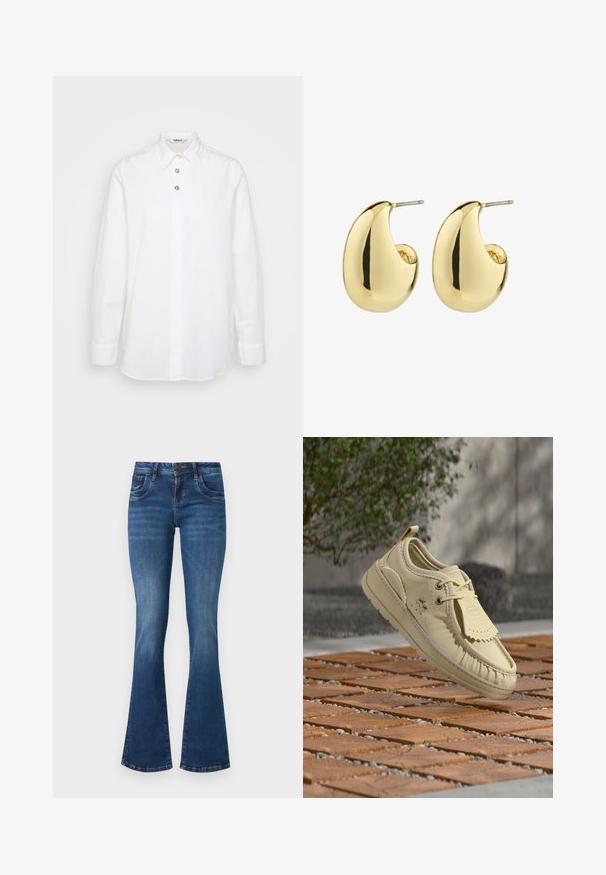 Witte lange mouwen shirt van katoen met een klassieke kraag, voorzien van een knoopsluiting en goudkleurige knopen als accenten.; Uitlopende blauwe denim jeans met een medium wash, met een klassiek vijf-pocket ontwerp, subtiele wassing en versterkte stiksels.; Lichtbeige leren bootschoen met decoratief stiksel, vetergesp en een rubberen zool. Voorzien van een merklabel en een zachte, geaccentueerde afwerking.; Gouden studs met een gladde, gepolijste afwerking, in een abstracte, druppelvorm. Eenvoudige metalen achterzijde voor bevestiging.