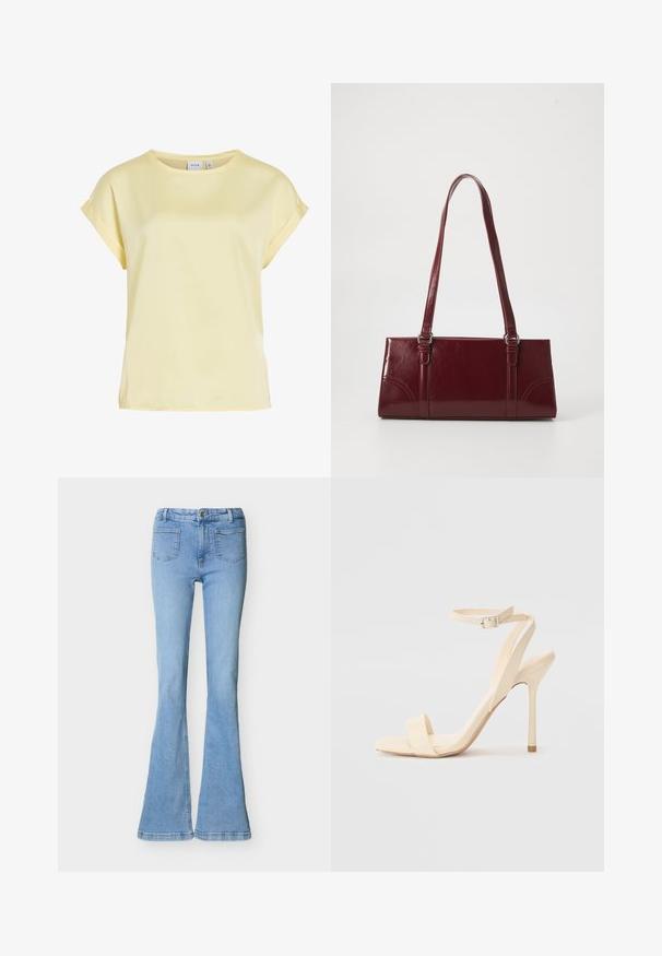 Lichtgele blouse met korte mouwen, opgerolde manchetten en een ronde hals, gemaakt van gladde stof, met een VILA-merklabel aan de binnenkant van de kraag.; Lichtblauwe denim flare jeans met voorzakken, knoop- en ritsluiting, plat uitgestald op een witte achtergrond.; Beige hoge hak sandaletten met een slanke enkelband en vierkante neus. Gladde synthetische materialen, minimalistisch ontwerp en een stiletto hak.; Bourgondische handtas van glanzend materiaal, rechthoekige vorm, met twee schouderbanden en subtiele gebogen accenten aan de voorkant.