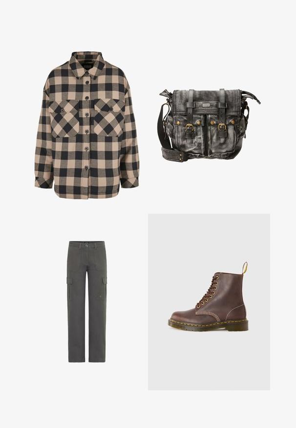 Geruite flanellen shirt in beige en donkergrijs. Heeft een knoopsluiting aan de voorkant, twee borstzakken en een omgeslagen kraag. Losse pasvorm.; Cargo broek in donkergrijs katoen met een rechte snit. Bevat twee zijzakken en een knoopsluiting. Duurzame stof met een lichte textuur.; Bruine leren veterschoenen met gele stiksels, ronde neus en een stevige rubberen zool. Voorzien van een treklus aan de hak voor gemakkelijk aan- en uittrekken.; Zwarte canvas schoudertas met leren accenten, voorzien van een gestructureerde vorm, metalen hardware, twee voorzakken en een verstelbare schouderriem.