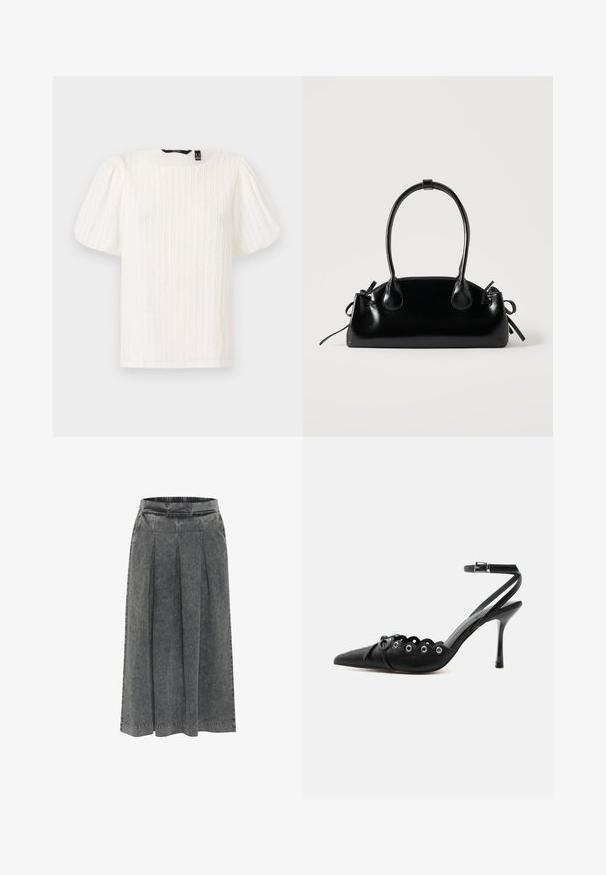 Valge puff-sleeve top, millel on tekstuuriga vertikaalsed triibud, ümmargune kaelus ja pehme kangas; omab lõdva lõiget ja kerget sära.; Hallid hall teksaskleid, millel on voldid, elastne vöökoht, põlve pikkune ja tekstuuriga pind. Lihtne disain, ilma nähtavate mustrite või kaunistusteta.; Mustad terava ninaga kõrge kontsaga kingad laineliste servadega, metallist silmadega, ees nööriga ja pahkluu rihmaga, mis kinnitub pandlaga.; Väike must läikiv käekott kahe pika sangaga ja külgedel paelakinnitustega, ühel lihtsal helel taustal.