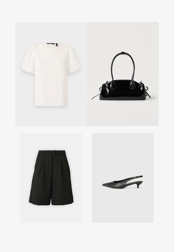 Top blanc à manches bouffantes avec des rayures verticales texturées, encolure ronde et tissu doux ; présente une coupe décontractée et une texture subtilement brillante.; Vero Moda Tall VMBECCA BERMUDA - Short - black; Chaussure slingback noire à bout pointu en cuir lisse. Présente un talon fin et un détail de boucle sur la sangle réglable.; Petit sac à main noir brillant avec deux longues anses et des détails à cordon sur les côtés sur un fond clair uni.
