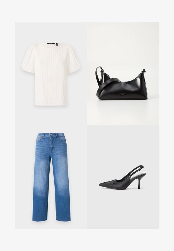 Hvid bluse med pufærmer, teksturerede lodrette striber, rund halsudskæring og blødt stof; har en afslappet pasform og en subtil glans.; Lyseblå denimjeans med vid benåbning, der har fem lommestile, lynlås i gylpen og diskret falmning på lårene. Rene kantfinish.; Sorte læder slingback stiletto med spids tå, side spændebånd, nitter langs kanten og dekorativ snøring foran.; Sort læderhåndtaske med en glat tekstur. Har en justerbar stropp og et enkelt, minimalistisk design med lynlås.