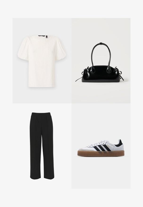 Top blanco de mangas abullonadas con rayas verticales texturizadas, escote redondo y tejido suave; presenta un corte relajado y un sutil brillo.; Pantalones de pierna ancha negros con una cinturilla plana, que presentan pliegues delanteros y una textura suave. Sin bolsillos ni herrajes visibles.; Zapatillas de cuero blancas con rayas negras, suela de goma, puntera redonda, cierre de cordones y caperuza de ante gris suave.; Pequeño bolso negro brillante con dos asas largas y detalles de cordón lateral sobre un fondo claro liso.