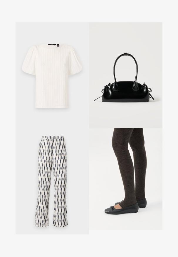 Top blanco de mangas abullonadas con rayas verticales texturizadas, escote redondo y tejido suave; presenta un corte relajado y un sutil brillo.; Pantalones de pierna ancha en una tela crema, con un patrón repetitivo de gotas de agua en color marino. La banda elástica en la cintura y la textura suave aumentan la comodidad.; Piernas con leggings oscuros acanalados combinados con bailarinas negras que presentan pequeños detalles de lazo sobre un fondo blanco.; Pequeño bolso negro brillante con dos asas largas y detalles de cordón lateral sobre un fondo claro liso.