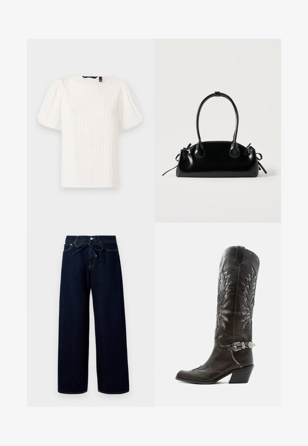 Top blanc à manches bouffantes avec des rayures verticales texturées, encolure ronde et tissu doux ; présente une coupe décontractée et une texture subtilement brillante.; Jean large bleu foncé en denim, doté d'une fermeture à bouton à l'avant et d'une taille à cordon, avec des détails de couture contrastants.; Botte de cowboy en cuir noir avec découpes décoratives, boucle argentée et talon incliné, présentée sur fond blanc.; Petit sac à main noir brillant avec deux longues anses et des détails à cordon sur les côtés sur un fond clair uni.