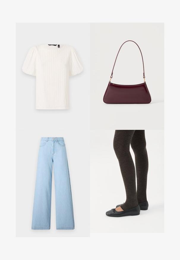 Witte top met pofmouwen, voorzien van getextureerde verticale strepen, ronde halslijn en zachte stof; heeft een relaxte pasvorm en een subtiele glanzende textuur.; Lichtblauwe wijd gewaide jeans van denim, met een hoge taille, voorzakken en schone zomen met minimale stikdetails.; Benen met donkere geribbelde leggings gecombineerd met zwarte ballerina's met kleine strikdetails op een witte achtergrond.; Donker bordeaux glanzende handtas met een enkele dunne handgreep en een slanke trapeziumvorm op een effen lichte achtergrond.