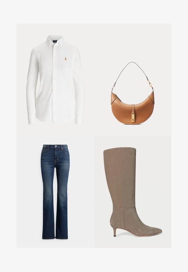 Hvid skjorte med lange ærmer og knapper, med knaplukket krave og lille broderet polo-spillerlogo på brystet.; Mørkeblå højhælede bootcut-jeans med høj talje, forreste knap og lommer, let falmede områder på lår og knæ, vist på hvid baggrund.; Knæhøj grå ruskindstøvle med spids tå og lav hæl, der har et rent design og subtile lodrette sømdetaljer.; Brun lædertaske i halvmåneform med kort strop og guldfarvet rektangulært vedhæng med en hestelogo på frontlåsen.