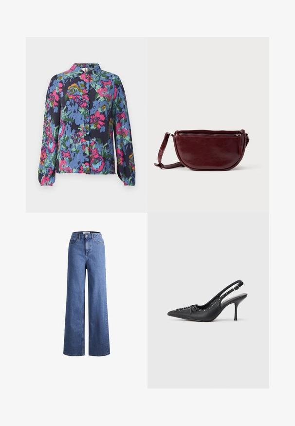Blumenbluse in Blau, mit lebhaften Mustern in Pink, Grün und Gelb. Lange Ärmel und eine Knopfleiste mit Kragen. Weicher Stoff.; Helleblaue Denim-Weite-Leg-Jeans mit hoher Taille, zwei vorderen Taschen und sichtbarer Naht. Mit Knopf- und Reißverschluss.; Schwarzer Leder-Slingback-Stiletto mit spitzem Zehenaufsatz, seitlichem Schnallenriemen, Nieten entlang der Kante und dekorativer Schnürung vorne.; Dunkelroter Lederhandtasche in halbmondförmiger Form mit Reißverschluss und abnehmbarem Tragegurt. Glatte Textur mit dezentem Glanz.