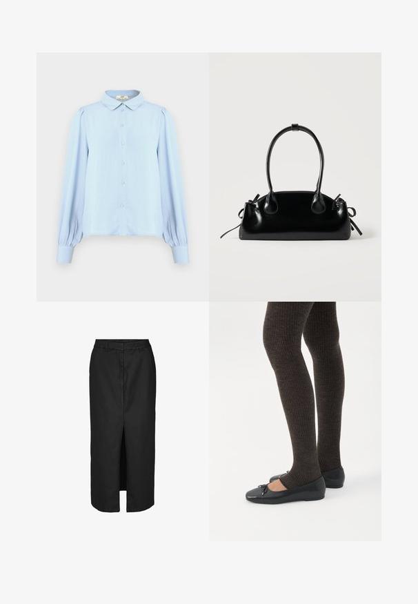 Blouse bleu clair avec un col, fermeture à boutons, manches longues bouffantes et texture lisse. Présente un ourlet droit et des fronces aux épaules.; Jupe midi noire avec une fente devant, réalisée en tissu léger. Elle présente une taille classique et de discrètes poches latérales.; Jambes portant des leggings côtelés foncés associés à des ballerines noires avec de petits détails en nœud sur fond blanc.; Petit sac à main noir brillant avec deux longues anses et des détails à cordon sur les côtés sur un fond clair uni.
