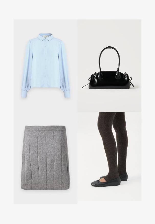 Blouse bleu clair avec un col, fermeture à boutons, manches longues bouffantes et texture lisse. Présente un ourlet droit et des fronces aux épaules.; Object OBJTHESS - Minijupe - medium grey; Jambes portant des leggings côtelés foncés associés à des ballerines noires avec de petits détails en nœud sur fond blanc.; Petit sac à main noir brillant avec deux longues anses et des détails à cordon sur les côtés sur un fond clair uni.
