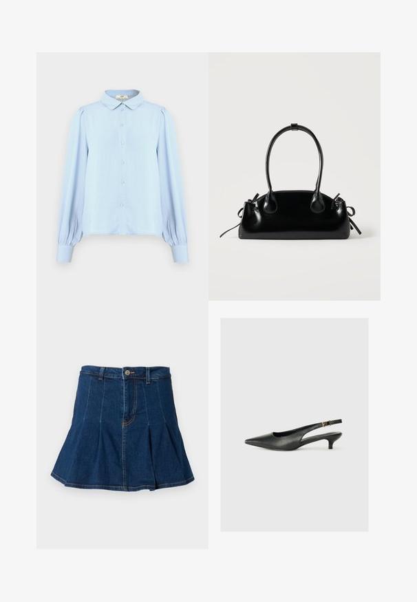 Lyseblå bluse med krave, knaplukning, lange pufærmer og glat tekstur. Har en lige kant og samlinger ved skuldrene.; Jeansnederdel i mørkeblå med plisseret design, fem lommer, frontknaplukning og kontrasterende syninger.; Sorte spidse slingback-sko lavet af glat læder. Har en tynd hæl og en spænde detalje på den justerbare rem.; Lille sort blank håndtaske med to lange håndtag og snøre-detaljer i siden på en ensfarvet lys baggrund.