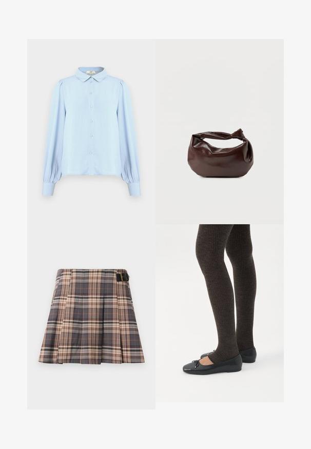 Blouse bleu clair avec un col, fermeture à boutons, manches longues bouffantes et texture lisse. Présente un ourlet droit et des fronces aux épaules.; Jupe à carreaux gris, beige et rouille ; présente des plis, un détail de boucle et une conception structurée. Fabriquée en tissu tissé.; Jambes portant des leggings côtelés foncés associés à des ballerines noires avec de petits détails en nœud sur fond blanc.; Sac bandoulière en cuir marron foncé avec une forme souple et décontractée et une anse nouée torsadée sur un fond blanc uni.