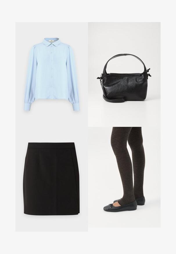 Blouse bleu clair avec un col, fermeture à boutons, manches longues bouffantes et texture lisse. Présente un ourlet droit et des fronces aux épaules.; Jupe droite noire longueur genou avec une taille ajustée et des détails de couture subtils sur fond blanc.; Jambes portant des leggings côtelés foncés associés à des ballerines noires avec de petits détails en nœud sur fond blanc.; Sac à main en cuir noir au design structuré, avec une poignée arrondie et une bandoulière amovible. Présente une texture lisse et un éclat subtil.