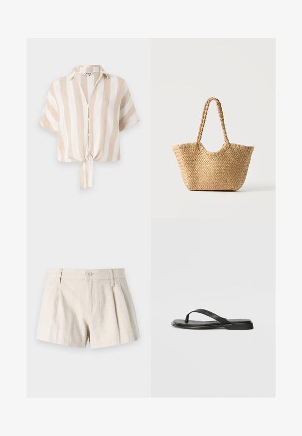Camisa de manga corta a rayas beige y blanca con botón frontal y dobladillo atado. Fabricada con tejido ligero, apta para el clima cálido.; Pantalones cortos de lino en un color beige claro, con un diseño plisado, cierre frontal de botón y un acabado suave y texturizado.; Chancla negra de piel suave, con un diseño de tira delgada y una suela plana de perfil mínimo. Sin patrones ni acentos notables.; Bolso tote de paja trenzada con base ancha, asas trenzadas y color beige natural sobre fondo blanco liso.