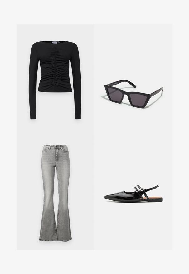 Μαύρο μακρυμάνικο μπλουζάκι από ελαστικό ύφασμα, με συγκεντρωμένο σχέδιο στο μπροστινό μέρος, στρογγυλή λαιμόκοψη και εφαρμοστό σχήμα.; Γκρι τζιν παντελόνι φαρδιάς γραμμής από τζιν, με ψηλή μέση, εμπρός τσέπες και εφέ ξεθωριάσματος. Το στρίφωμα είναι ελαφρώς πιο φαρδύ, δημιουργώντας ένα φαρδύ σχήμα.; Μαύρα παπουτσάκια slingback από πατενταρισμένο δέρμα με μυτερή μύτη, δύο λουριά με αγκράφες και επίπεδη σόλα.; Μαύρα, γωνιώδη γυαλιά ηλίου με γκρι φακούς; κατασκευασμένα από πλαστικό, με χοντρές βραχίονες με λεία επιφάνεια και χωρίς ορατό μηχανισμό.