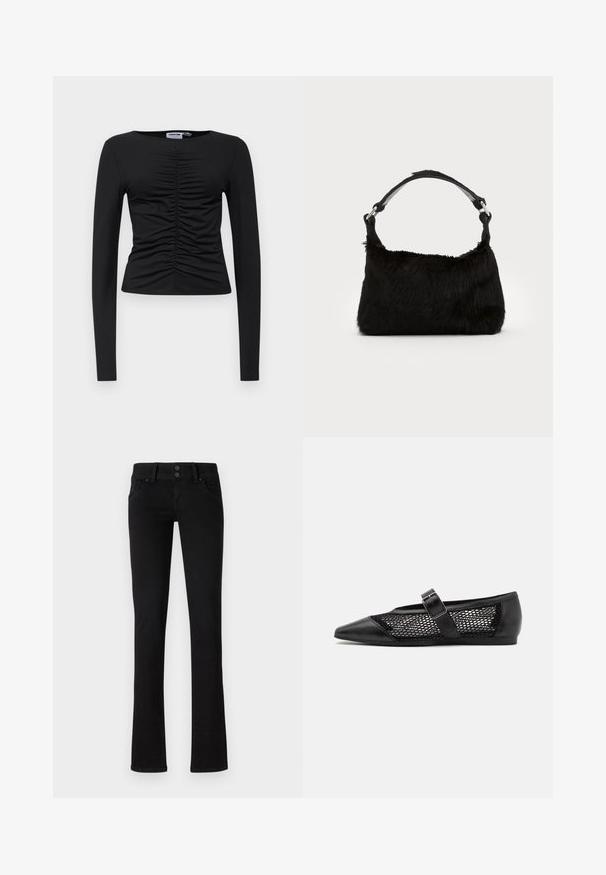 Haut noir à manches longues en tissu extensible, doté d'un design froncé à l'avant, avec un col rond et une coupe ajustée.; Jeans slim-fit noirs avec deux poches avant, passants de ceinture et fermeture à double bouton, présentés sur un fond blanc uni.; Chaussure plate noire avec un bout pointu, panneaux latéraux en maille et une sangle avec une boucle décorative. Fini lisse sur les sections du bout et du talon.; Sac à main en fausse fourrure noire avec une texture douce, une forme arrondie et une bandoulière en cuir noir robuste. Accent en métal argenté visible.