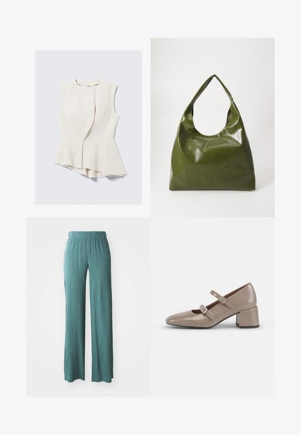 Haut asymétrique sans manches en tissu texturé beige clair, avec un devant croisé discret et un ourlet effiloché. Étiquette marquée "WEEKDAY".; Pantalons large en teal clair, fabriqués en tissu texturé avec une taille élastique, présentant une coupe décontractée et droite.; Chaussure Mary Jane en cuir verni beige avec un bout pointu, deux sangles ajustables et un talon épais et carré. Texture lisse et matériel minimal.; Sac hobo en cuir vert au design décontracté, avec une poignée incurvée et une texture lisse. Ne contient aucun matériel ou accent visible.