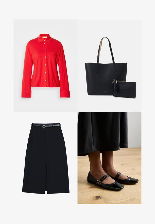 Rode blouse met lange mouwen, gemaakt van rekbaar materiaal, met een kraag, een enkele borstzak en witte knopen aan de voorkant en bij de manchetten.; Zwarte knie-lange rok met een vooraanstaande split, gemaakt van gladde stof. Heeft een dunne zwarte riem met een zilveren gesp en riemlussen.; Zwarte gepatineerde leren ballerina's met een vierkante neus, voorzien van twee banden met gespen. De zolen zijn plat op een lichte houten vloer.; Zwarte totebag van gestructureerd materiaal, met twee lange handvatten en een afneembare tas met rits voorzien van een franjesdetail. Gouden merklogo zichtbaar.