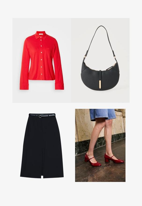 Camisa de manga larga roja, con botones, hecha de tejido elástico. Tiene un cuello, un bolsillo en el pecho y botones blancos en el frente y en los puños.; Falda negra hasta la rodilla con una abertura en la parte delantera, hecha de tejido suave. Presenta un delgado cinturón negro con una hebilla plateada y pasadores para el cinturón.; Persona con zapatos de charol rojos brillantes tipo Mary Jane y falda de mezclilla azul de pie sobre un suelo de baldosas oscuras cerca de una pared de mármol.; Bolso negro en forma de media luna con una sola correa, cremallera dorada y una lengüeta decorativa rectangular dorada en la parte delantera.