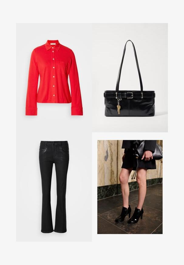 Rød langærmet skjorte med knapper lavet af strækstof, med krave, en enkelt brystlomme og hvide knapper foran og ved manchetterne.; Sorte flagrende jeans lavet af denim, med to forlommer, en lynlås i front og subtile stikningsdetaljer langs sømmene.; Kvinde iført sorte ankelstøvler og en sort nederdel, der holder en stor sort læder clutch, står på en mørk flisebelagt gulv nær en marmormur.; Osoi SHOULDER BROCLE - Håndtasker - stone black