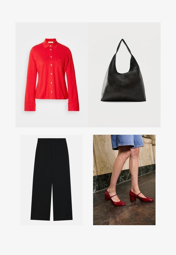 Rode blouse met lange mouwen, gemaakt van rekbaar materiaal, met een kraag, een enkele borstzak en witte knopen aan de voorkant en bij de manchetten.; Zwart, wijde broek van een gladde stof. Heeft een plat tailleband met riemlussen en geen zichtbare zakken. Eenvoudig ontwerp.; Persoon in glanzende rode Mary Jane blokhakken en een blauwe denim rok, staand op een donker betegelde vloer nabij een marmeren wand.; Zwarte schoudertas van glad leer met een brede, enkele band en een nonchalant, minimalistisch ontwerp tegen een effen achtergrond.