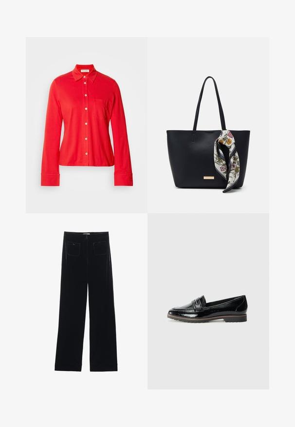 Chemise rouge à manches longues avec boutons, fabriquée en tissu extensible, dotée d'un col, d'une poche poitrine unique et de boutons blancs sur le devant et les poignets.; Pantalons larges en velours noir avec deux poches arrière et une texture lisse, présentant une coupe droite et une finition ourlée aux chevilles.; Mocassins en cuir verni noir avec un bout rond, descoutures décoratives et un détail de sangle, ainsi qu'une semelle en caoutchouc texturée et basse.; Sac fourre-tout en cuir noir avec deux poignées, orné d'une écharpe en soie florale attachée à la poignée et d'un accent logo métallique à l'avant.