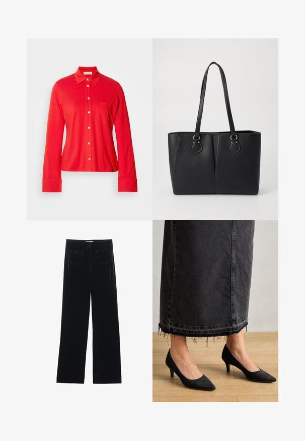 Rode blouse met lange mouwen, gemaakt van rekbaar materiaal, met een kraag, een enkele borstzak en witte knopen aan de voorkant en bij de manchetten.; Zwarte fluwelen wijde broek met twee achterzakken en een gladde textuur, met een rechte snit en afgewerkte zoom bij de enkels.; Zwarte suède pumps met een spitse neus en een hak van 7,5 cm, in combinatie met een lange, donkere spijkerrok met rafelige uiteinden.; Zwarte neplederen tote bag met een gestructureerde afwerking, twee lange handvatten en goudkleurige hardware-accenten aan de zijkant. Rechthoekige vorm.