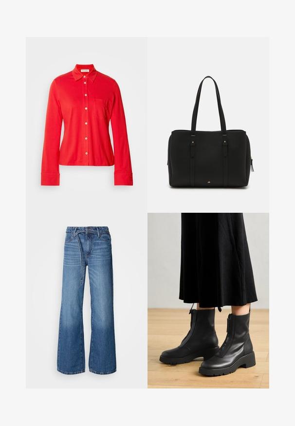 Camisa de manga larga roja, con botones, hecha de tejido elástico. Tiene un cuello, un bolsillo en el pecho y botones blancos en el frente y en los puños.; Jeans de mezclilla de pierna ancha en un tono azul claro. Presentan una cintura alta, costuras visibles y un cinturón de lazo. Textura desgastada hacia la parte inferior.; Botas de tobillo de cuero negro con suela de plataforma gruesa y cremallera delantera. Textura suave con un diseño minimalista.; Bolsa tote negra hecha de cuero texturizado, con dos asas largas, un cierre de cremallera y sutiles acentos dorados en el herraje.