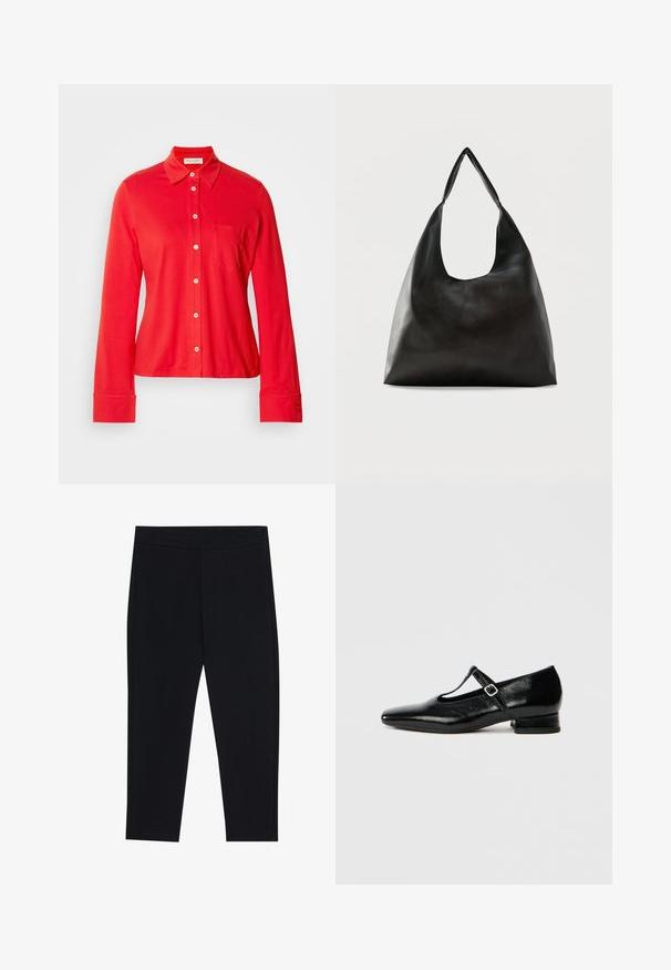 Camisa de manga larga roja, con botones, hecha de tejido elástico. Tiene un cuello, un bolsillo en el pecho y botones blancos en el frente y en los puños.; Leggins negros hechos de una tela elástica, con una cinturilla elástica y una textura suave. Sin patrones visibles ni detalles de hardware.; Zapatos Mary Jane de cuero negro con punta puntiaguda, tacón pequeño de bloque y correa ajustable con hebilla plateada. Textura lisa y brillante.; Bolso de hombro de cuero negro liso con una correa ancha y única y un diseño desenfadado y minimalista sobre un fondo sencillo.