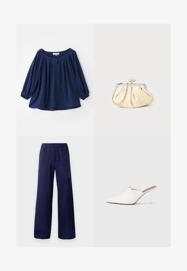 Blusa de color azul marino hecha de una tela suave, con un escote amplio, cierre de botones, pliegues en la parte frontal y puños elásticos con mangas largas.; Pantalones de pierna ancha en color navy con un acabado texturizado, cinturilla elástica y dos bolsillos traseros. Fabricados con un tejido ligero y transpirable.; Mules blancos con punta afilada, textura plisada en la parte superior y un tacón de aguja delgado. Superficie lisa y diseño minimalista.; Clutch de cuero beige plisado con un marco de metal plateado, que cuenta con dos broches decorativos redondos y una correa de cadena plateada.