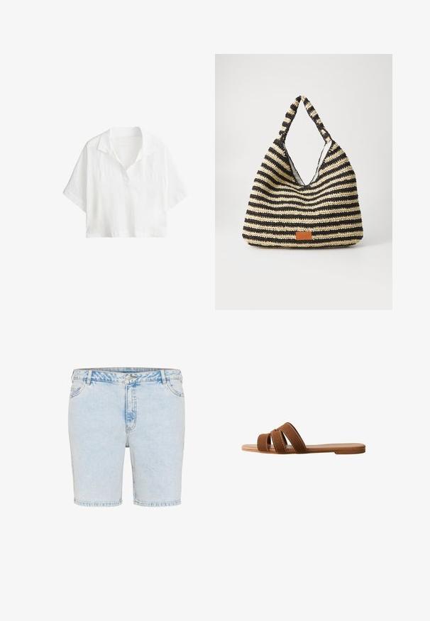 Wit kort mouw cropped shirt met kraag en gedeeltelijke knoopsluiting aan de voorkant.; Lichtblauwe denim shorts met een rechte snit, vijf zakken en zichtbare stiksels. Voorzien van een knoop- en ritssluiting.; Bruine suède slippersandaal met drie overlappende bandjes, een platte zool en contrasterende witte stiksels op de bandjes voor detail.; Gestreepte geweven tas in zwart en beige, met een slouchy ontwerp, gestructureerd oppervlak en een klein leren accentpatch.