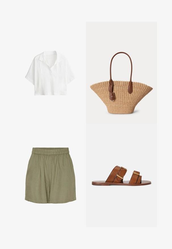 Chemise blanche courte à manches courtes avec col et patte de boutonnage partielle à l'avant.; Shorts en lin à taille élastique de couleur vert olive, avec une coupe décontractée, un drapé casual et un ourlet raffiné. Tissu léger et respirant.; Sandales mules en cuir marron avec deux brides réglables, boucles dorées et semelle plate en bois.; Sac cabas en paille tissée avec une large forme en éventail et des poignées et une étiquette en cuir marron, sur un fond clair uni.