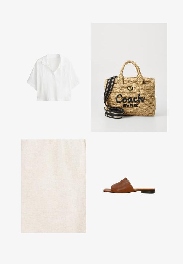 Chemise blanche courte à manches courtes avec col et patte de boutonnage partielle à l'avant.; Tissu en lin beige avec une texture tissée subtile et de légères rides naturelles.; Sandal en cuir marron à glissière avec un dessus texturé, un large bout ouvert et un petit talon noir. Design simple et minimaliste avec des bords lisses.; Sac en paille tressée avec deux poignées supérieures, logo brodé noir "Coach New York", quincaillerie dorée et une bandoulière rayée amovible.