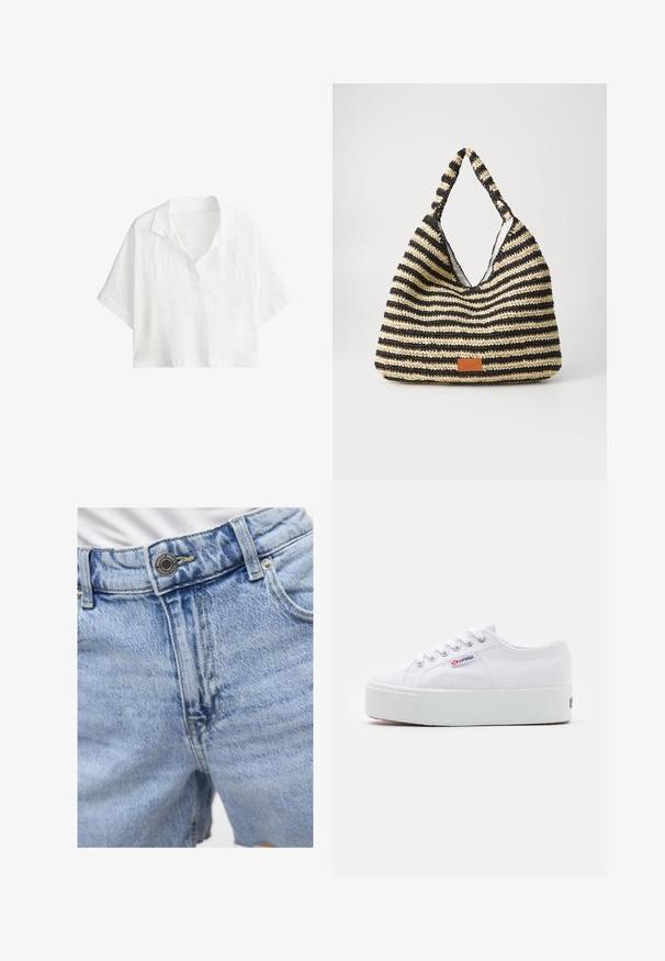 Wit kort mouw cropped shirt met kraag en gedeeltelijke knoopsluiting aan de voorkant.; Lichtblauwe denimshorts met een hoge taille, zichtbare stiksels, twee voorkanten zakken en metalen knoopsluiting. Gladde textuur.; Witte canvas sneaker met een dikke witte platformzool, ronde neus en metalen oogjes voor veters. Merkl logo aan de zijkant weergegeven.; Gestreepte geweven tas in zwart en beige, met een slouchy ontwerp, gestructureerd oppervlak en een klein leren accentpatch.
