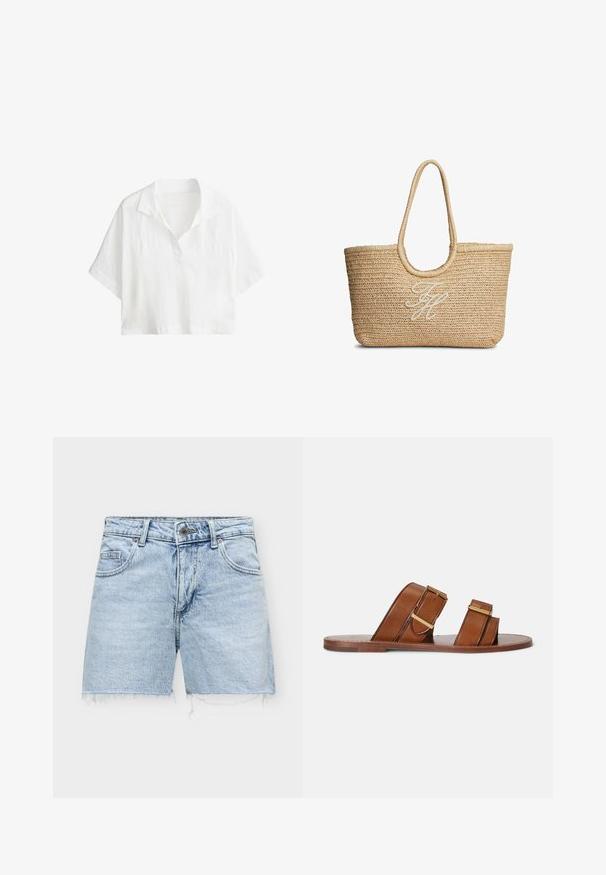 Chemise blanche courte à manches courtes avec col et patte de boutonnage partielle à l'avant.; Short en denim bleu clair avec ourlets effilochés, bouton à l'avant, fermeture éclair et poches avant et arrière.; Sandales mules en cuir marron avec deux brides réglables, boucles dorées et semelle plate en bois.; Sac cabas tissé en paille beige avec poignées arrondies et initiales brodées en cursive blanche au centre devant.