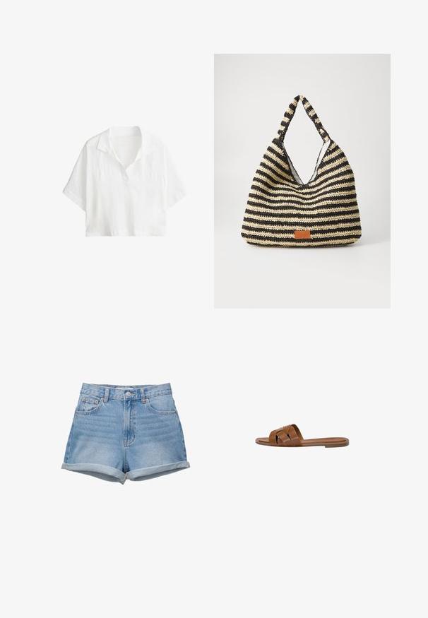 Wit kort mouw cropped shirt met kraag en gedeeltelijke knoopsluiting aan de voorkant.; Denim shorts in een lichtblauwe wastint, high-waisted met een knoopsluiting, vijf zakken en omgeslagen zoom. Gladde textuur, klassiek ontwerp.; Bruine leren slide sandaal met gekruiste banden, platte zool en een gladde textuur. Eenvoudig ontwerp zonder versieringen of patronen.; Gestreepte geweven tas in zwart en beige, met een slouchy ontwerp, gestructureerd oppervlak en een klein leren accentpatch.