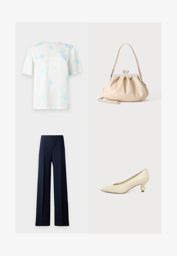 T-shirt blanc à manches courtes avec motif tie-dye floral bleu clair, col rond et coupe régulière, présenté sur un fond uni.; Pantalons à jambes larges en tissu bleu marine foncé, dotés d'une texture lisse, de plis avant discrets et d'une taille ajustée pour une silhouette épurée.; Chaussure femme couleur crème à bout pointu avec un petit talon rond en forme de boule, sur fond uni.; Sac à main en cuir souple beige avec un fermoir en métal argenté, une bandoulière simple et une bandoulière chaîne optionnelle sur fond blanc.