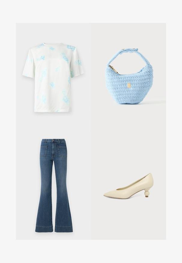 Hvid T-shirt med korte ærmer og lyseblåt blomster- tie-dye mønster, rund hals og almindelig pasform vist på en ensfarvet baggrund.; Bredde blå jeans i en medium vask med høj talje, fem lommer og let falmning ved knæene og lårene.; Kremfarvet damesko med spids snude og lav hæl, hvor hælen er rund og kugleformet, på en ensfarvet baggrund.; Lille lyseblå hæklede håndtaske med kort rem og guldfarvet lynlås, vist mod en ensfarvet lys baggrund.