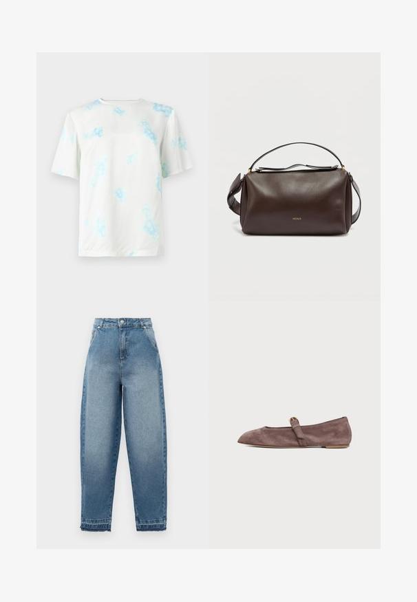 Hvid T-shirt med korte ærmer og lyseblåt blomster- tie-dye mønster, rund hals og almindelig pasform vist på en ensfarvet baggrund.; Lyseblå denimjeans med høj talje, løs pasform, fem-lommer design og frynsede kanter. Har klassisk syning og lynlås foran.; Brun ruskind flad Mary Jane-sko med spids tå og en lille guldbøjle på remmen mod en ensartet lys baggrund.; Brun skuldertaske i læder med et struktureret design, der har et gyldent logo, en lynlåslukning øverst og en aftagelig rem. Glat tekstur.