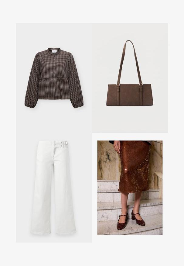 Langärmelige schwarz-beige karierte Bluse mit rundem Kragen und durchgehender Knopfleiste, lockere Passform mit geraffter Taille und elastischen Bündchen.; Weiße Hose mit weitem Bein und hoher Taille, doppelter Schnallendetail an der rechten Seite, Frontnaht und Reißverschluss.; Eine Frau trägt einen braunen Pailletten-Midi-Rock und dunkle, krokodilstrukturiertes Mary-Jane-Absätze und steht auf Marmortreppen.; Braune rechteckige Schultertasche mit langen Trägern und minimalen Steppnähten vor einfarbigem Hintergrund.
