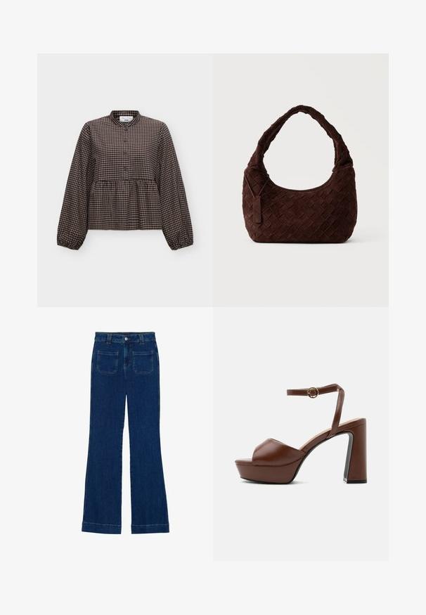 Zwart-beige geruite blouse met lange mouwen, ronde kraag en knoopsluiting aan de voorkant, losse pasvorm met geplooide taille en elastische manchetten.; Donkerblauwe denim flared jeans met een gladde textuur, vijf zakken en een knoopsluiting aan de taille.; Bruine leren platformsandaal met dikke hoge hak, open teen en verstelbare enkelband met gouden gesp, zijaanzicht.; Donkerbruine gevlochten leren schoudertas met een zachte, afgeronde vorm en brede handgreep, met een klein aangehecht leren label.
